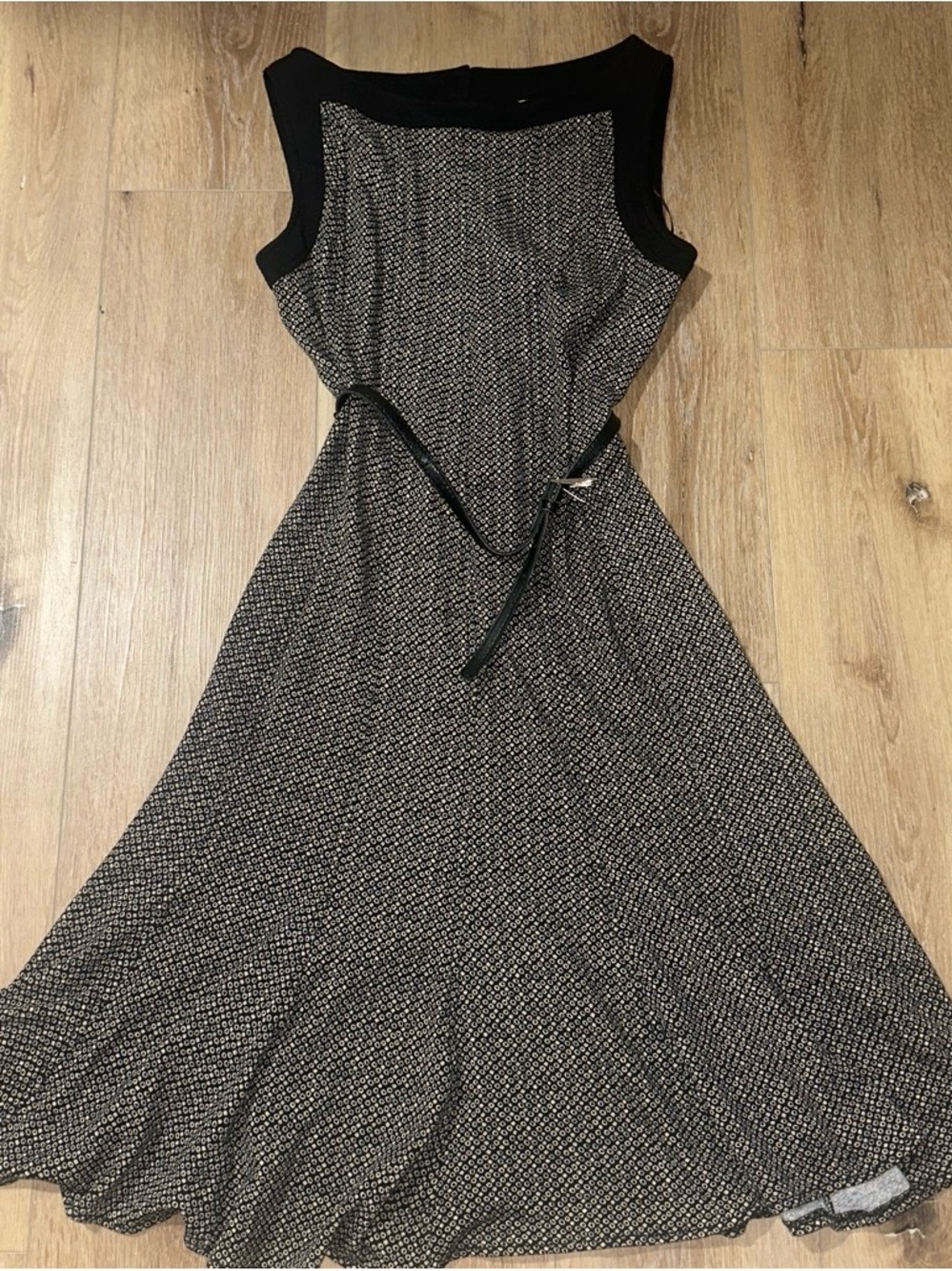 Sandra Darren Black and Ivory Textured Midi Dress with Slim Belt